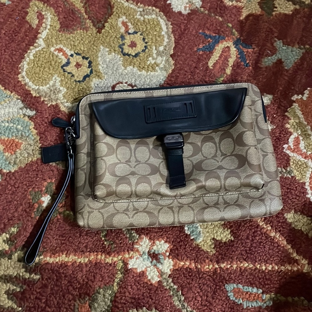 Coach portfolio bag  black leather accents : signature Coach print